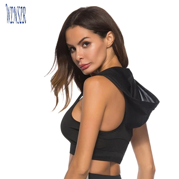 

Women Sports Bra Hooded High Impact Athletic Sports U Neck Sleeveless Fitness Crop Top Hoodie Gym Yoga Workout Running Vest Tank