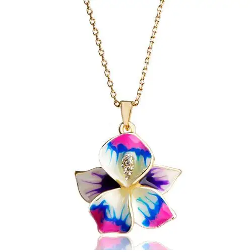 

Wholesale Custom Pretty Flower Pendant Necklace Women Girls Metal Enamel Gold Chain Crystal Necklace, Pink;green;purple