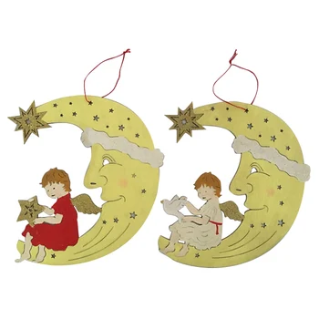 Wooden Christmas Angel With Star On Moon Decoration Hanging