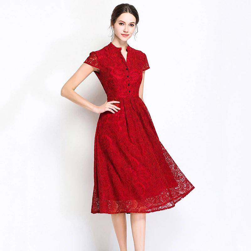 

Elegant Short Sleeve Red lace ladies wear dress, Black red