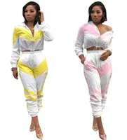 

New women zip up neck long sleeve short trench safari crop top long pants suits two piece set outfit sport tracksuit sets Y11258