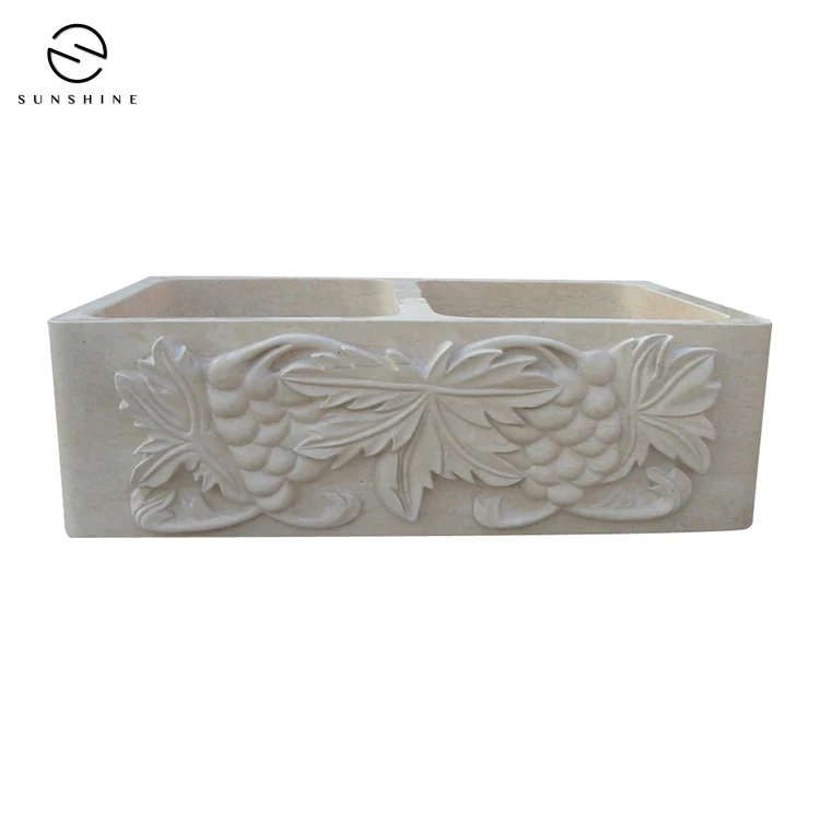 Custom Modern Marble Stone Double Bowls Handmade Kitchen Sink Farm Sink With Carving