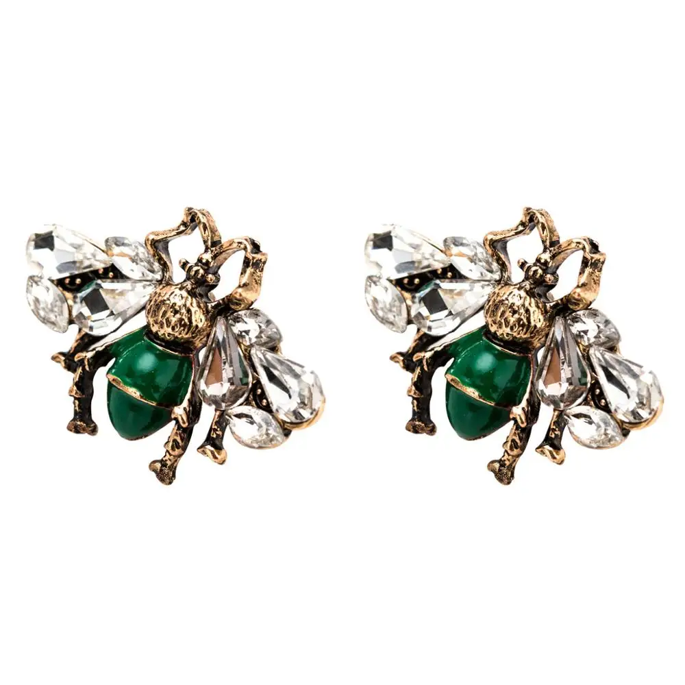 Statement Personality Insect Bee Earrings Arete Vintage Gold Plated Alloy Green Enamel Bee Shaped Stud Earrings with Rhinestone