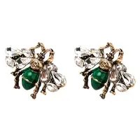 

Statement Personality Insect Bee Earrings Arete Vintage Gold Plated Alloy Green Enamel Bee Shaped Stud Earrings with Rhinestone