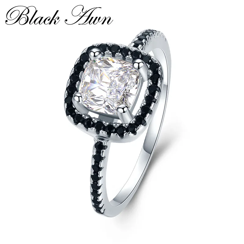 

[BLACK AWN] 3.1g Genuine 925 Sterling Silver Jewelry Row Black Stone Engagement Rings for Women Square Zircon Wedding Rings C43