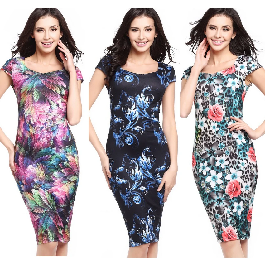 

Hot 2018 New Elegant Floral Feather Bodycon Sexy dresses women Summer Print office Dress Plus size