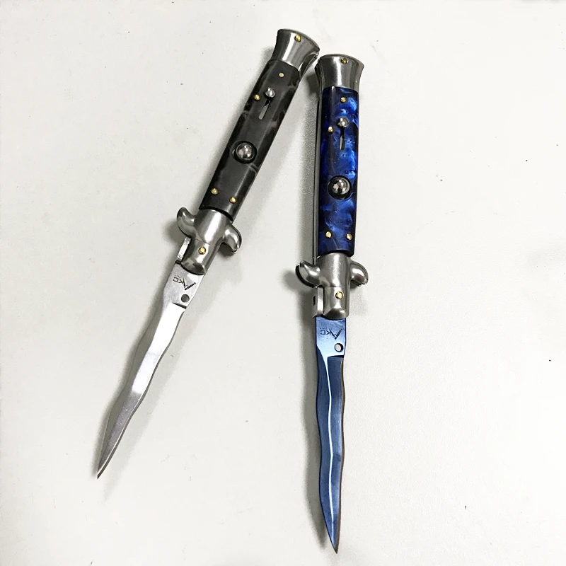 

9 inch 440 Stainless Steel Blade Acrylic Handle Wave Edge Quick-opening Folding Blade Knife Italian Pocket Knife