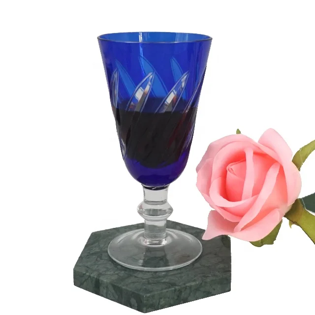 

Czech Bohemian Lead Free Crystal Hand Cut to Clear 3oz Wine Hocks Goblets, Blue