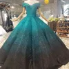 Puffy Folds Emerald Green Evening Dresses Shining Small V Neck Corset Lace Up Ball Gown Prom Dress Pageant Dress