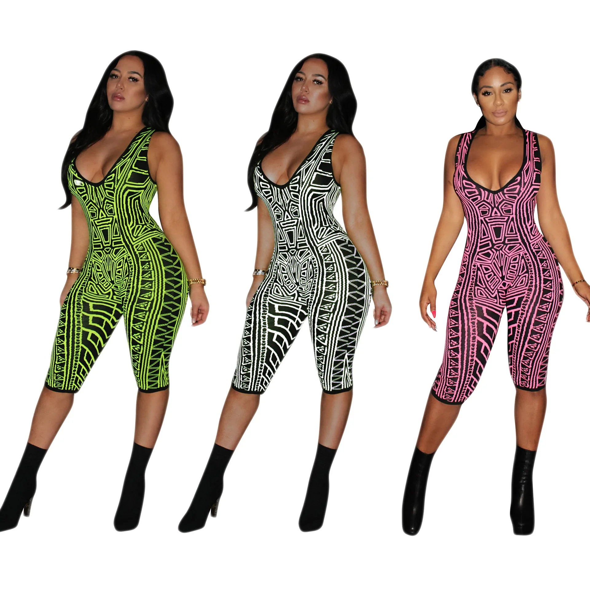 

9040122 2019 new fashion geometric printed skinny bandage bodycon short jumpsuits, N/a