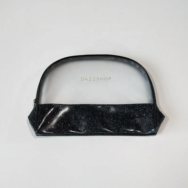 

private label pvc bag matte black leather pvc ziplock bag makeup frosted pvc cosmetic bag, Clear frosted+glitter black