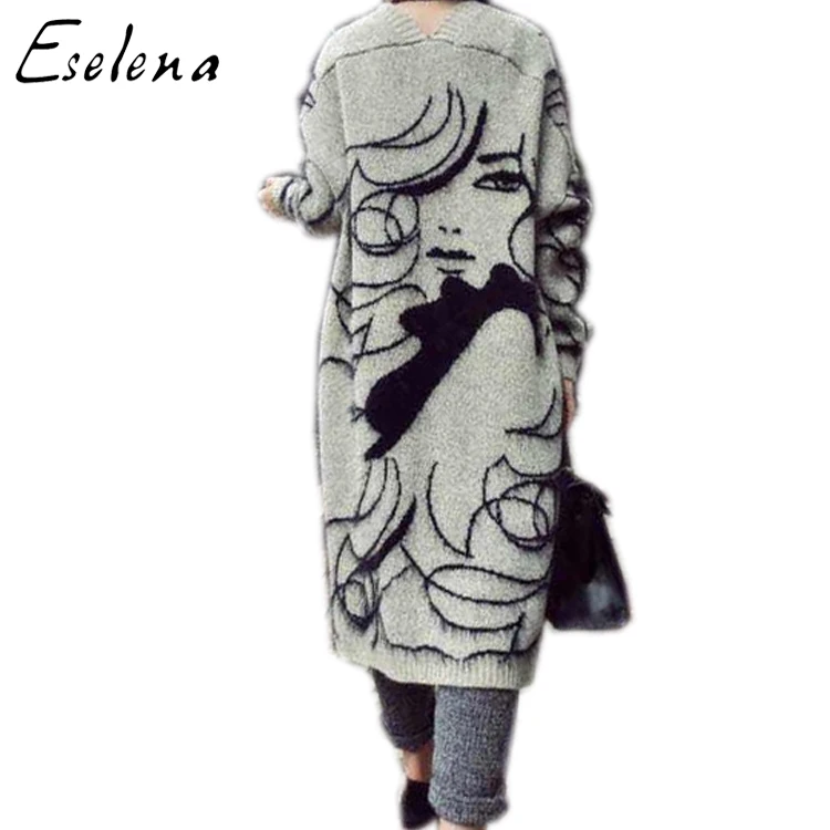 

Sweater factory wholesale European and American women fashion knitting long black figure portrait pattern cardigan