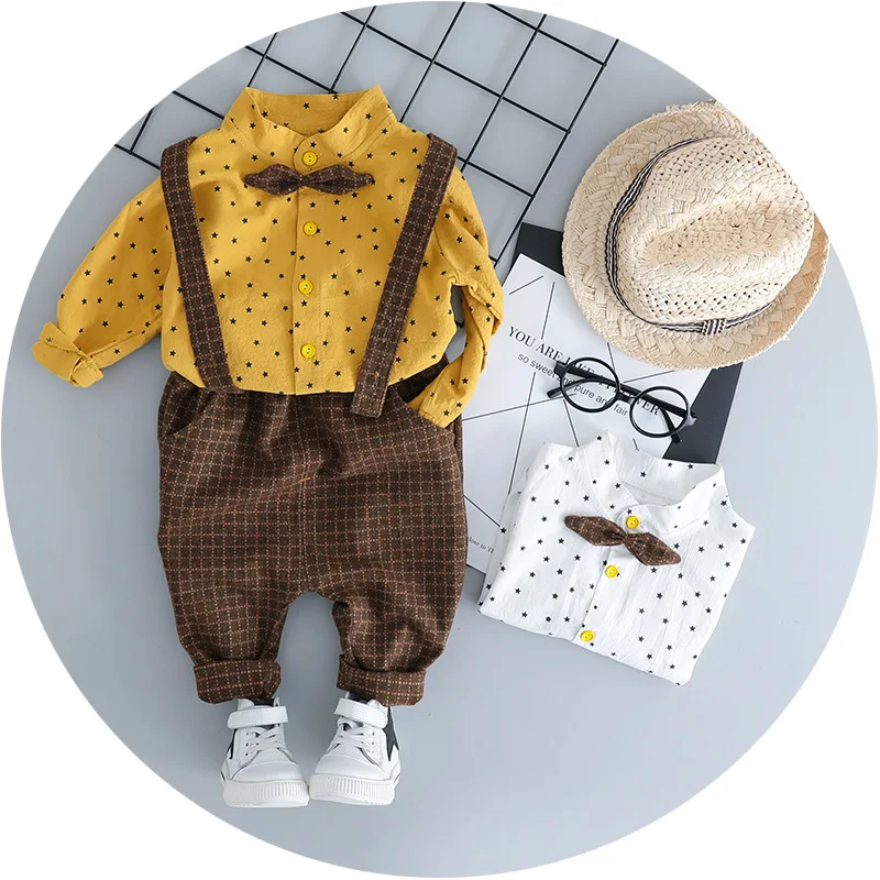 

Fashion Male Baby Stars Shirt Plaid Pants Set Children Casual Clothes Set Boys Strap Pants + Tops 2 Piece Set, N/a