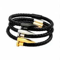 

Mens Womens Fashion Stainless Steel Nail Leather Braided Bracelet with magnetic clasp