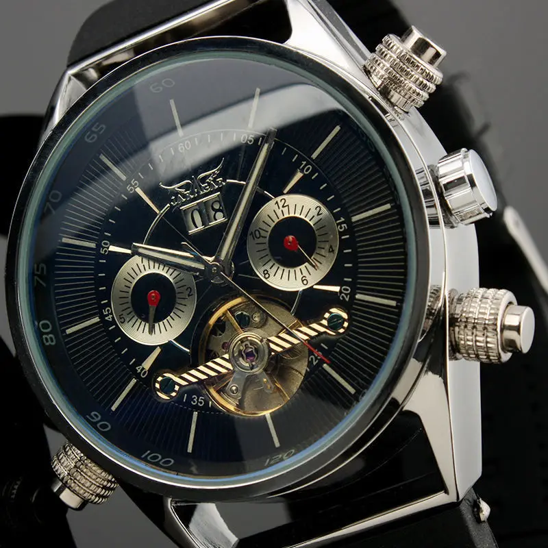 

2016 JARAGAR Brand Mens Automatic Mechanical Watch Rubber Band Men Wrist watches, Gold black white