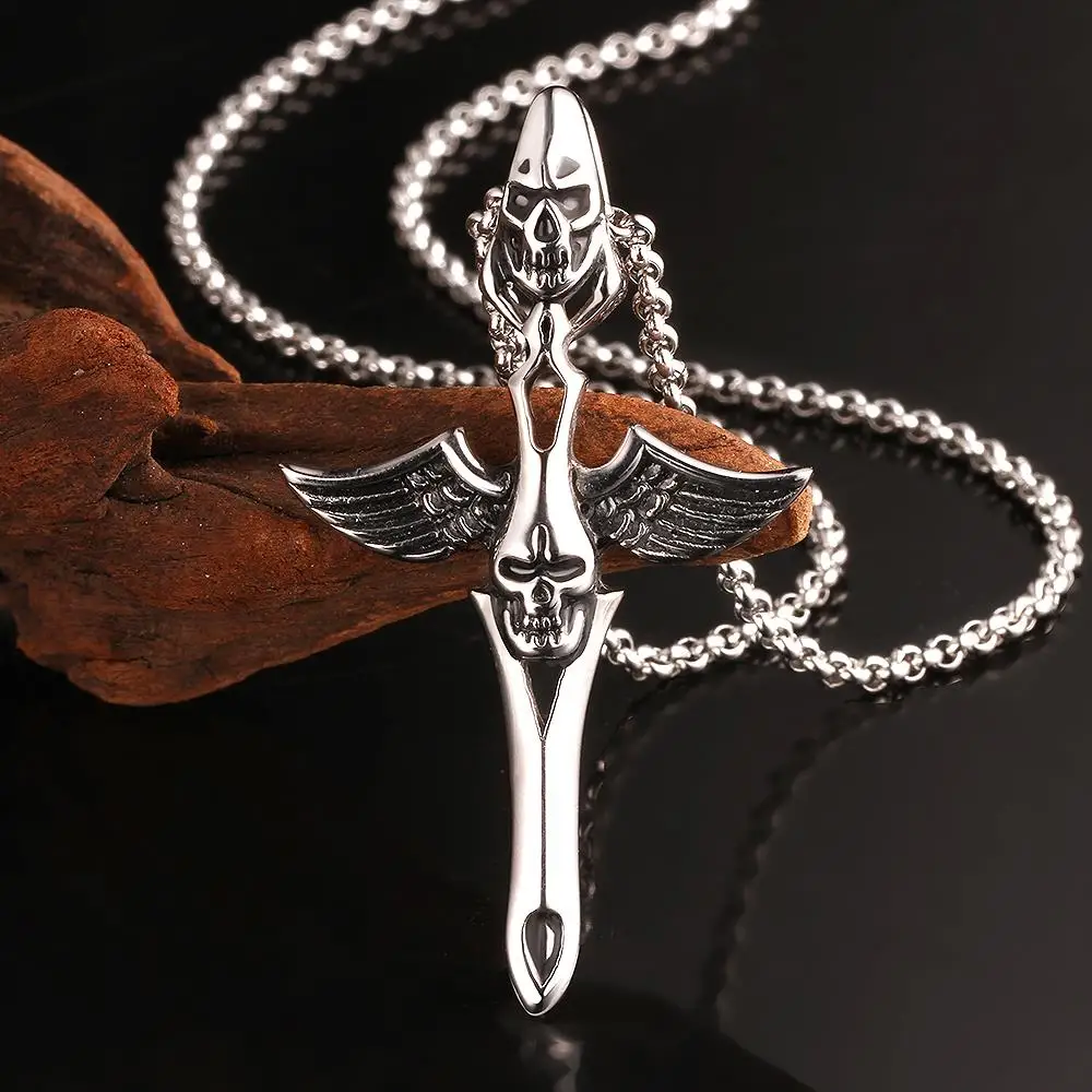 

Tryme Brand Men Jewelry Men Chain Boy Suspension Stainless Steel Pendant Necklace Skull Sword Seketon Dark Wings for Men Women, N/a