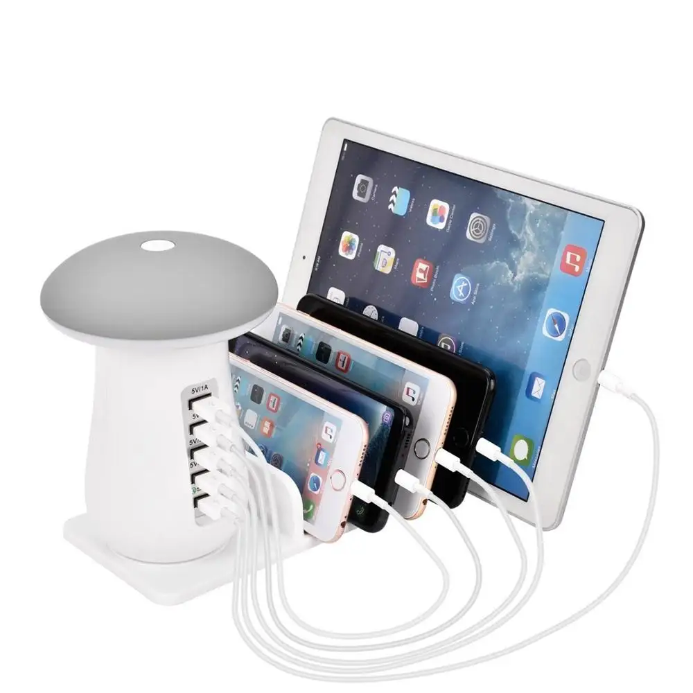 

Multi-function mushroom lamp dual 5 USB port charging station QC3.0 phone charger, White