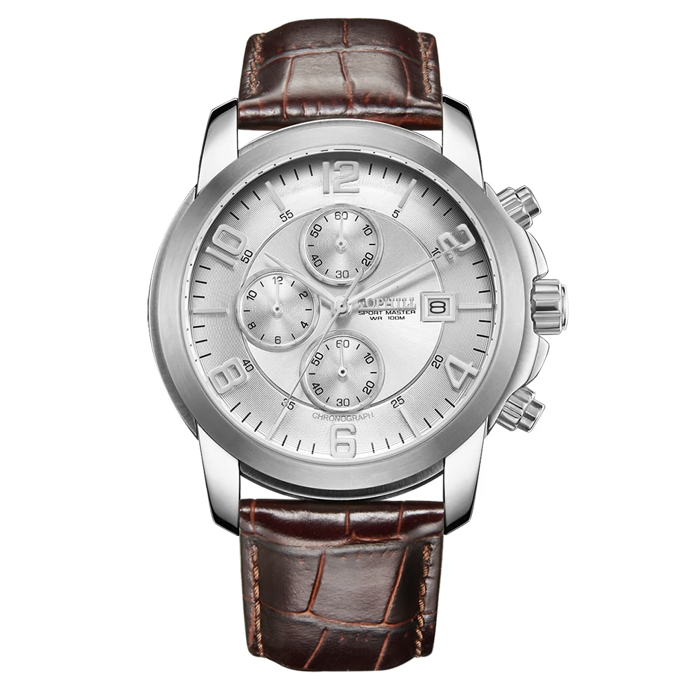 

10ATM 36mm Big Numbers Chronograph Genuine Leather Men Quartz Watches, N/a