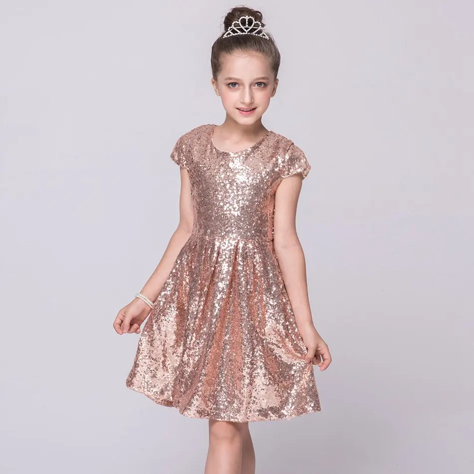 

Girls Sequined Princess Dresses European and American Style Short Sleeve Knee-Length Evening Party Clothing, As picture