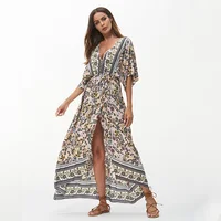 

TOM1015 Women's Batwing Sleeve Deep V Neck Floral Printed Boho Beach Maxi Dress Plus Size