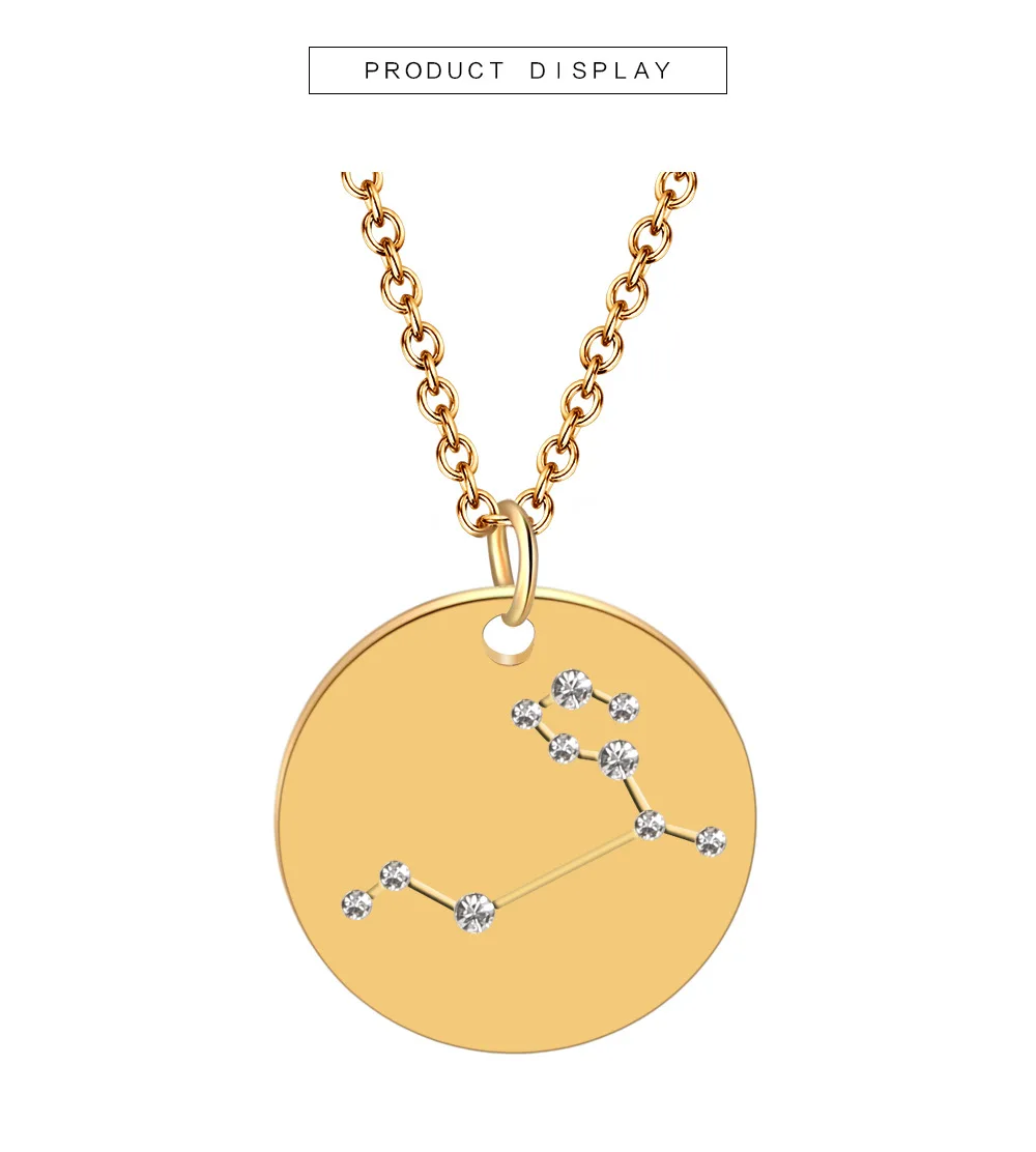 

2018 New arrival 12 astrology zodiac sign fashion necklace stainless steel gold coin disk astro charm pendant necklace, Picture