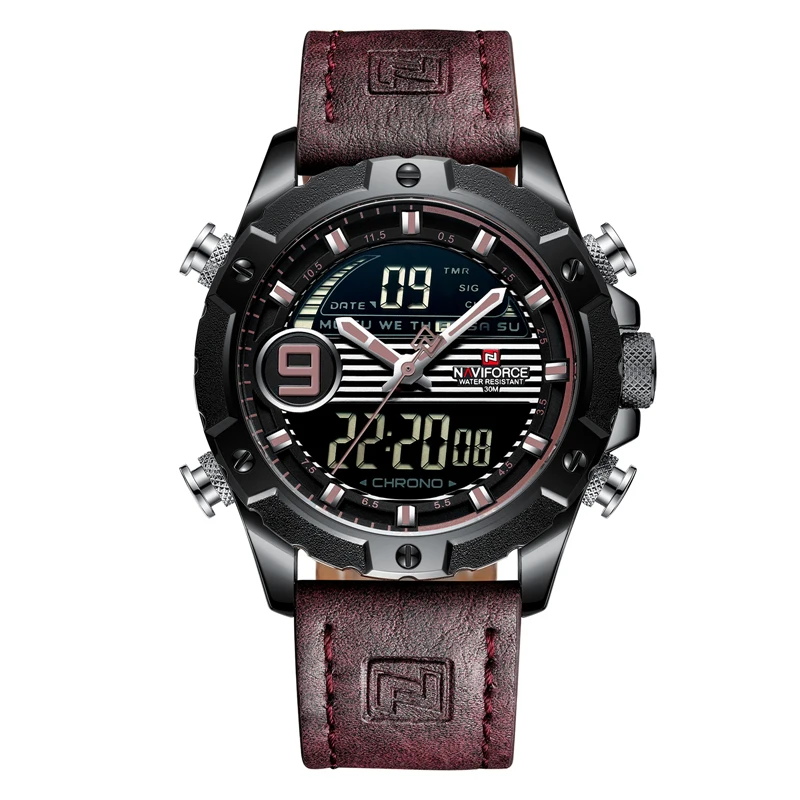 

Mens Watches To Luxury Brand Leather Sports NAVIFORCE 9146 Men's Quartz Digital Day Date Clock Waterproof Military Wrist Watch