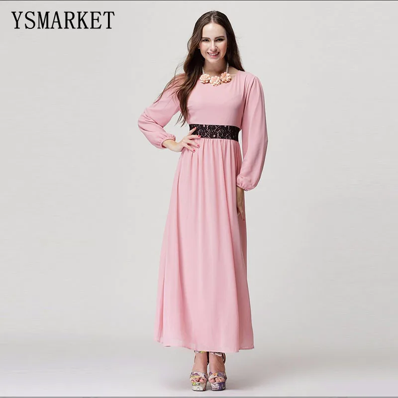 

New Women Casual Elegant Slim Fit Muslim Maxi Dress 2018 Spring Retro Sexy High Waist Chiffon Long Sleeve Dresses Vestido S2002, N/a