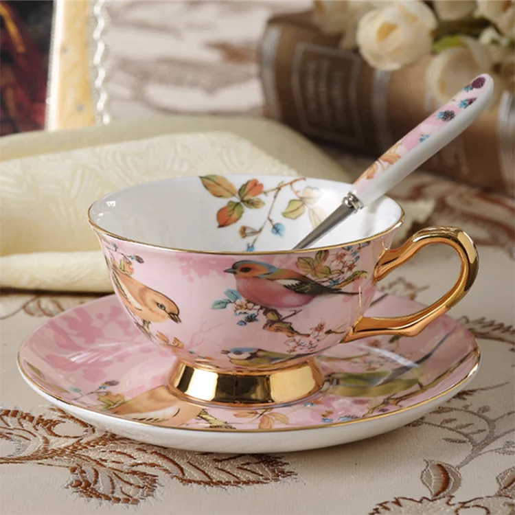 

Royal fine bone china vintage style bird flower decal gold-plated rim tea cup and saucer Spoons are optional, White. accept customized