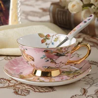 

Royal fine bone china vintage style bird flower decal gold-plated rim tea cup and saucer Spoons are optional