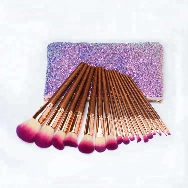

Hottest Selling Fashion Wooden Handle Makeup Brushes 17 Piece Makeup Brush Kit With Glitter Bag, Wooden color