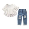 HYS18 Fashion Baby Girl Clothing Set boutique Tops+Ripped Jeans Denim Pant 2PCS Children Girls Clothes For Wholesale