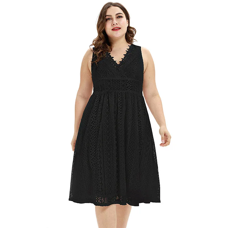 

Lover-beauty Wholesale V-neck Pure Color One Piece Fat Women Lace Skater Dress Patterns, As shown