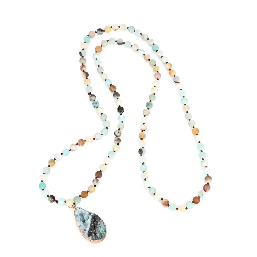 

JOYA GIFT Natural Matte Amazonite Stones Endless Necklace Long Knotted 8 mm Beaded Handmade Jewelry Women Men Handmade, As the picture
