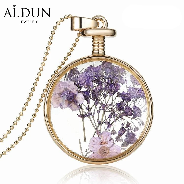 

Hot Sale Double Face Round Perfume Bottle Pendant Necklace Purple Dried Flower Necklace