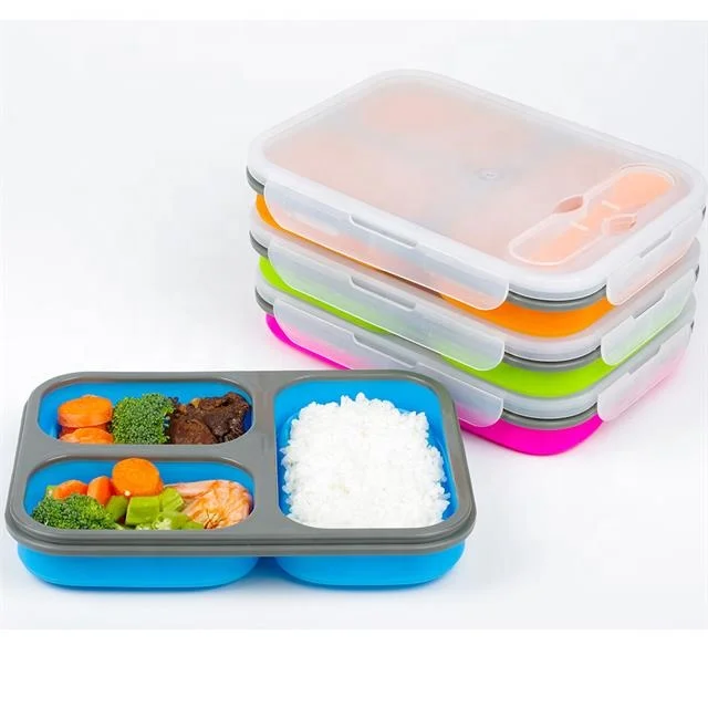 

Silicone Collapsible Rectangular Take Away Lunch Box, Red, blue, yellow, green, pink, or any pantone color can be customized