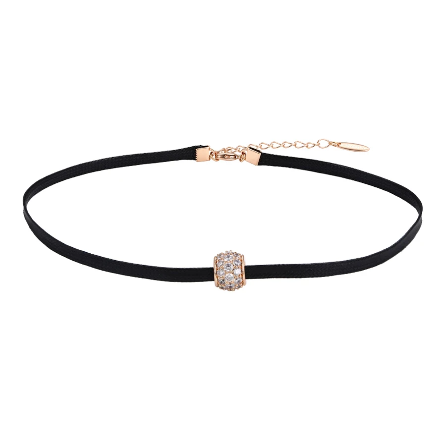 

44264 New fashion women jewelry Korean design custom rose gold plated rhinestone diamond bead chocker leather necklace