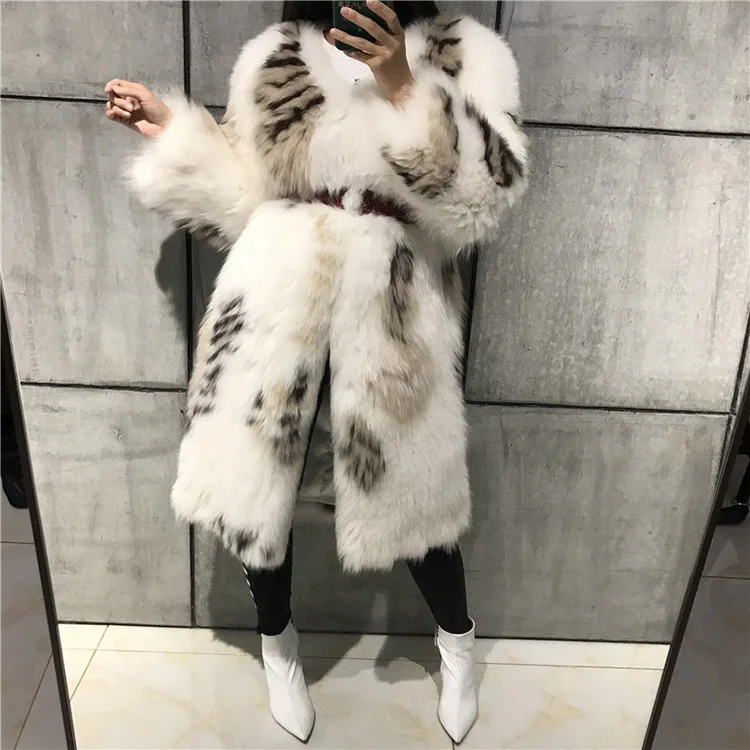 

women high quality printed knitted long real fox fur coat ladies natural fur coat