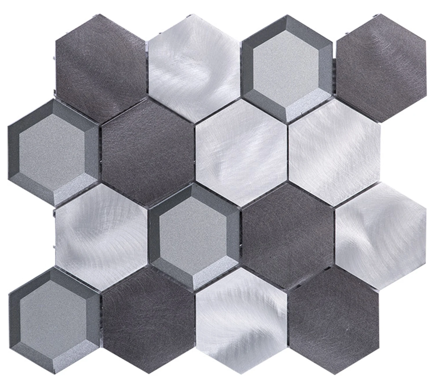 Aluminum Mosaic metallic bottom bevel glass mix brushed aluminum hexagon metal mosaic