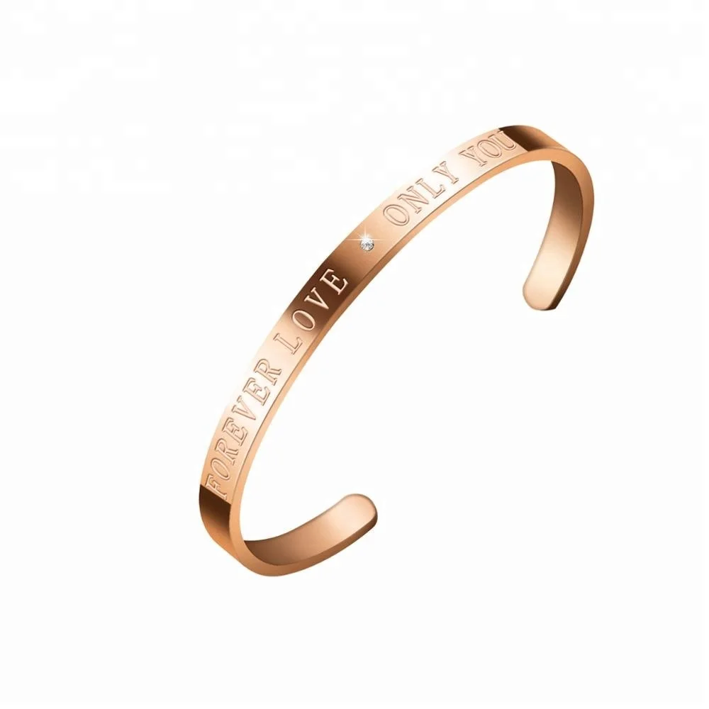 

18K Forever Love Stainless Steel Bangle Inspirational Engraved Message Diamond Cuff Bracelets, 18k rose gold