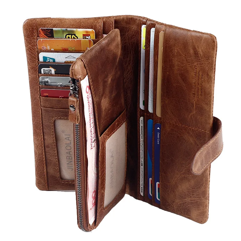 

Wholesale Cell Phone Genuine Leather Removable Zipper Bag Large Capacity Long Purse Men Wallet, 3 colors
