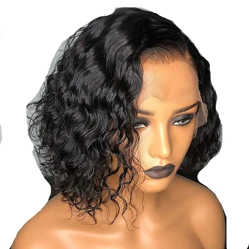 

13x4 Lace Front Bob Wigs Kinky Curly Wave Brazilian Remy Human Hair Natural Color Deep Part HD T Lace Wigs For Women, Pure color