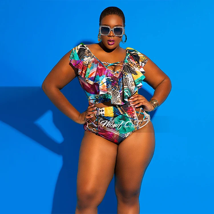 

Wholesale Large Size Bra Swimwear Colorful Tropical Bright Fat Girls Split BIkini