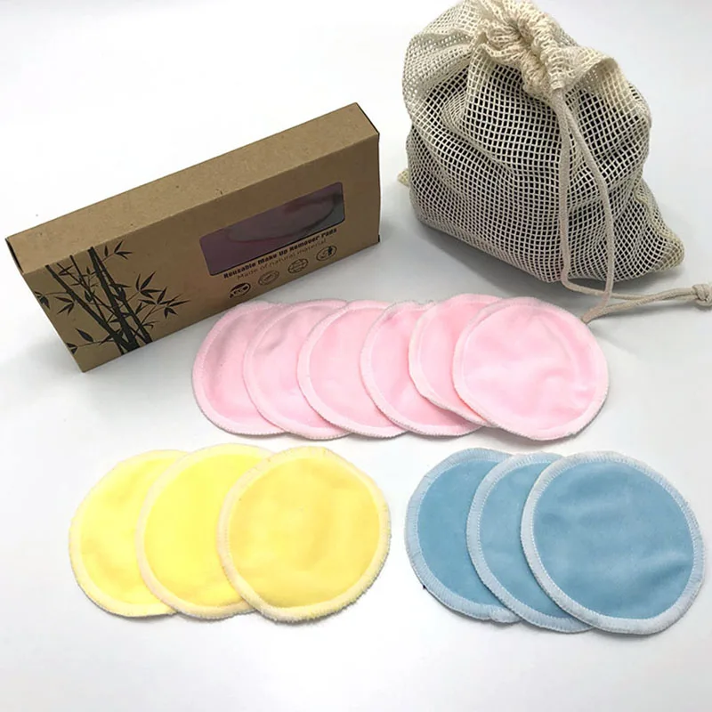 

50 Sets Cosmetic Facial Cleansing and Eco-friendly box 14pcs Blue Yellow Pink Cotton Mesh Bag and Eco-friendly box, 3 colors