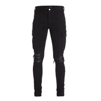 

DiZNEW New Stretch Ripped Pleated Knee Patches Cargo Black Jeans men