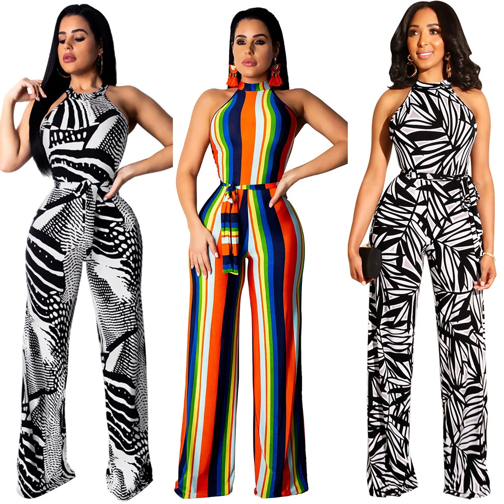 

Wholesale 2019 Summer sleeveless printed wide leg belt jumpsuits TY7034