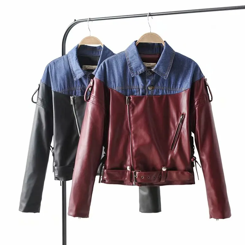 

Latest design woman leather denim patchwork coat long sleeve stylish street wear jacket