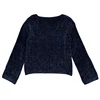 Wholesale autumn v-neck blouse flare sleeve pullover women top knitwear chenille chunky ladies casual sweater with navy blue