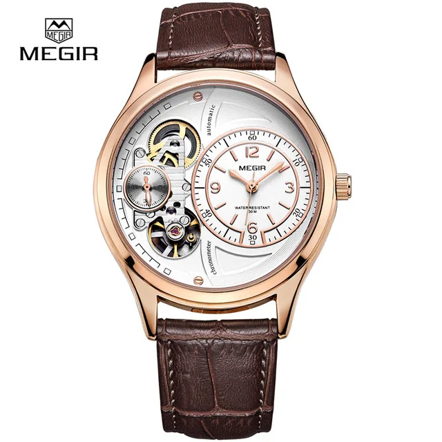 

MEGIR 2017 Men Automatic Mechanical Watches Leather Strap Rose Gold Wristwatches Casual Male Masculino Relojes Watch Hour, 3 colors to choose