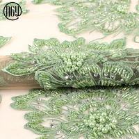 

Factory direct trendy floral heavy green handmade beaded stones lace fabric