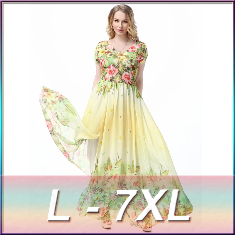 

Vestidos New Style 100% High Quality Women Chiffon Maxi Dress Plus Size Floral Long Dresses, Yellow / customized